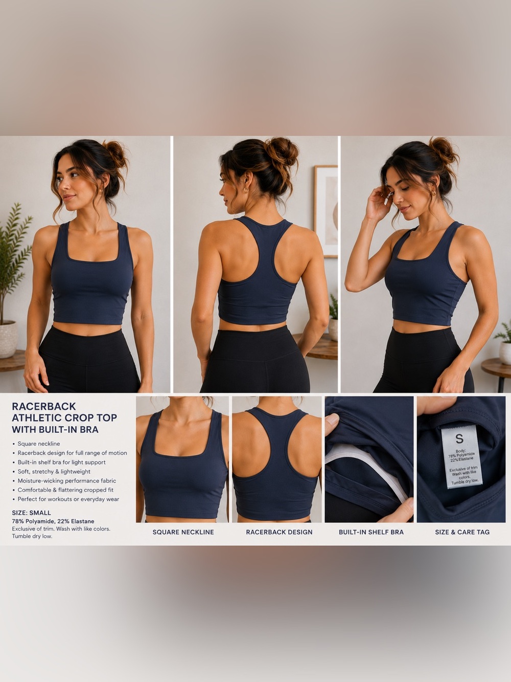 Navy Racerback Athletic Crop Top with Built-In Bra – Size Small